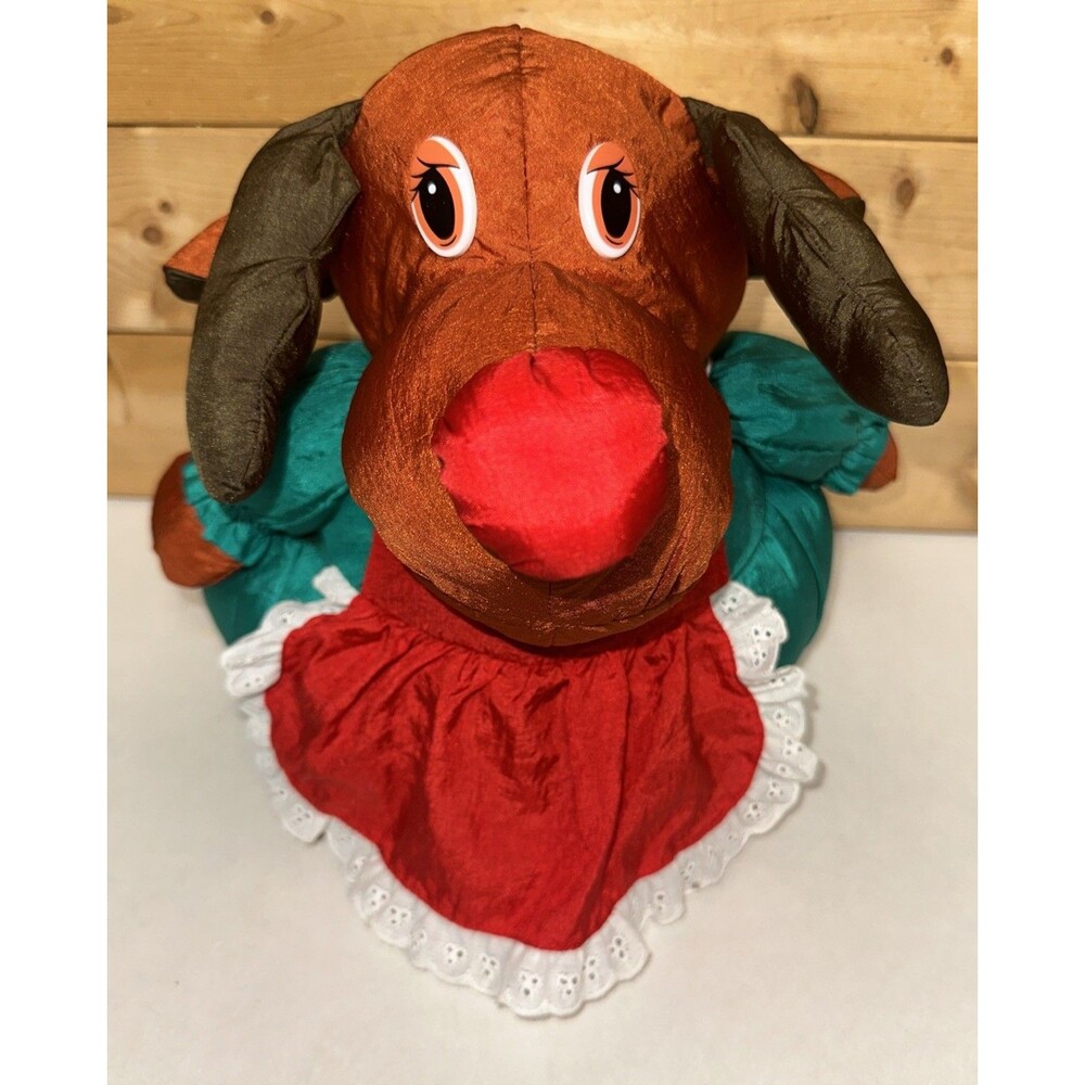 Vtg Parachute Material Plush Reindeer Trinket Box Nylon Basket Christmas